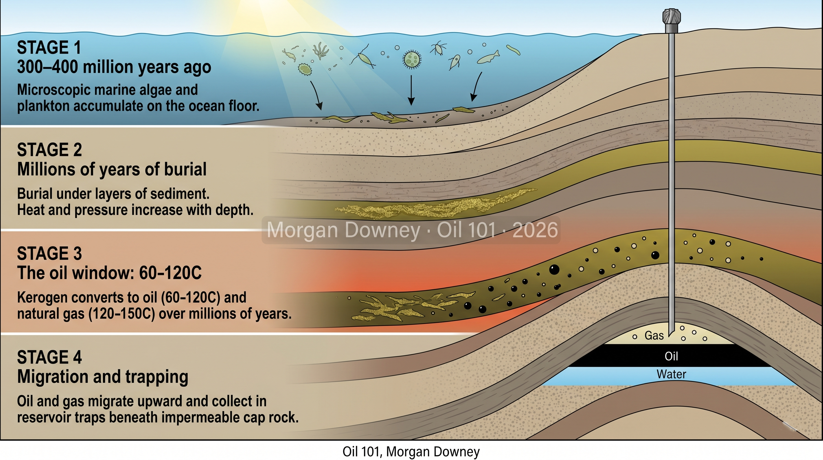 Four-stage diagram of petroleum and natural gas formation: marine plankton accumulation, burial under sediment, kerogen conversion in the oil window (60-120C), and migration into reservoir traps