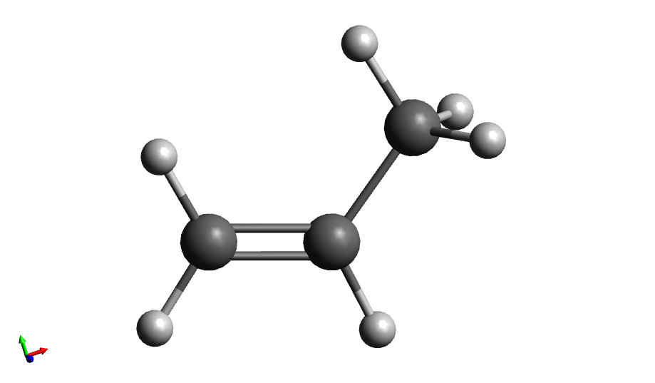 Propylene molecule ball and stick model