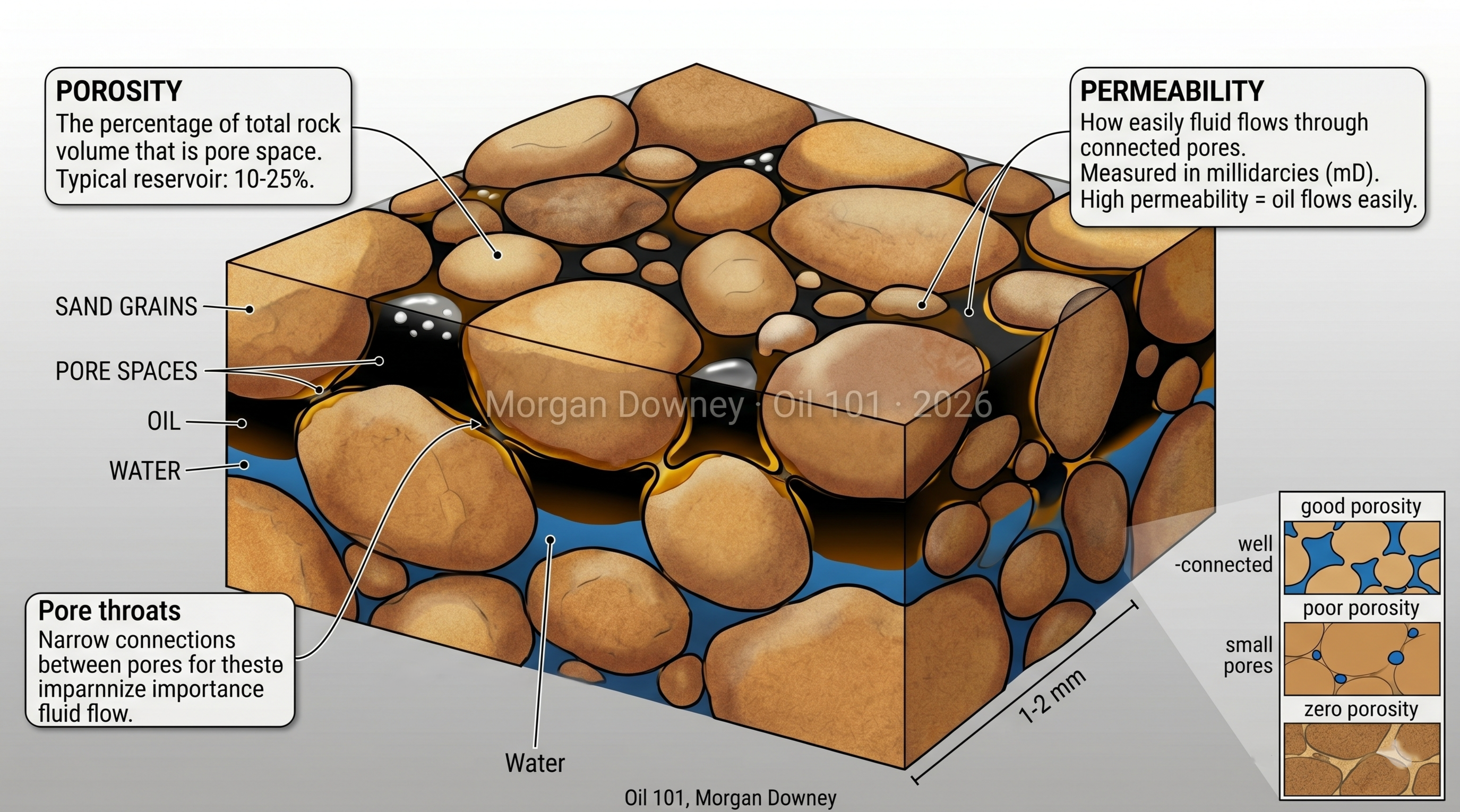 Magnified 3D cutaway of reservoir sandstone showing sand grains, pore spaces filled with oil and water, pore throats, and an inset comparing good, poor, and zero porosity