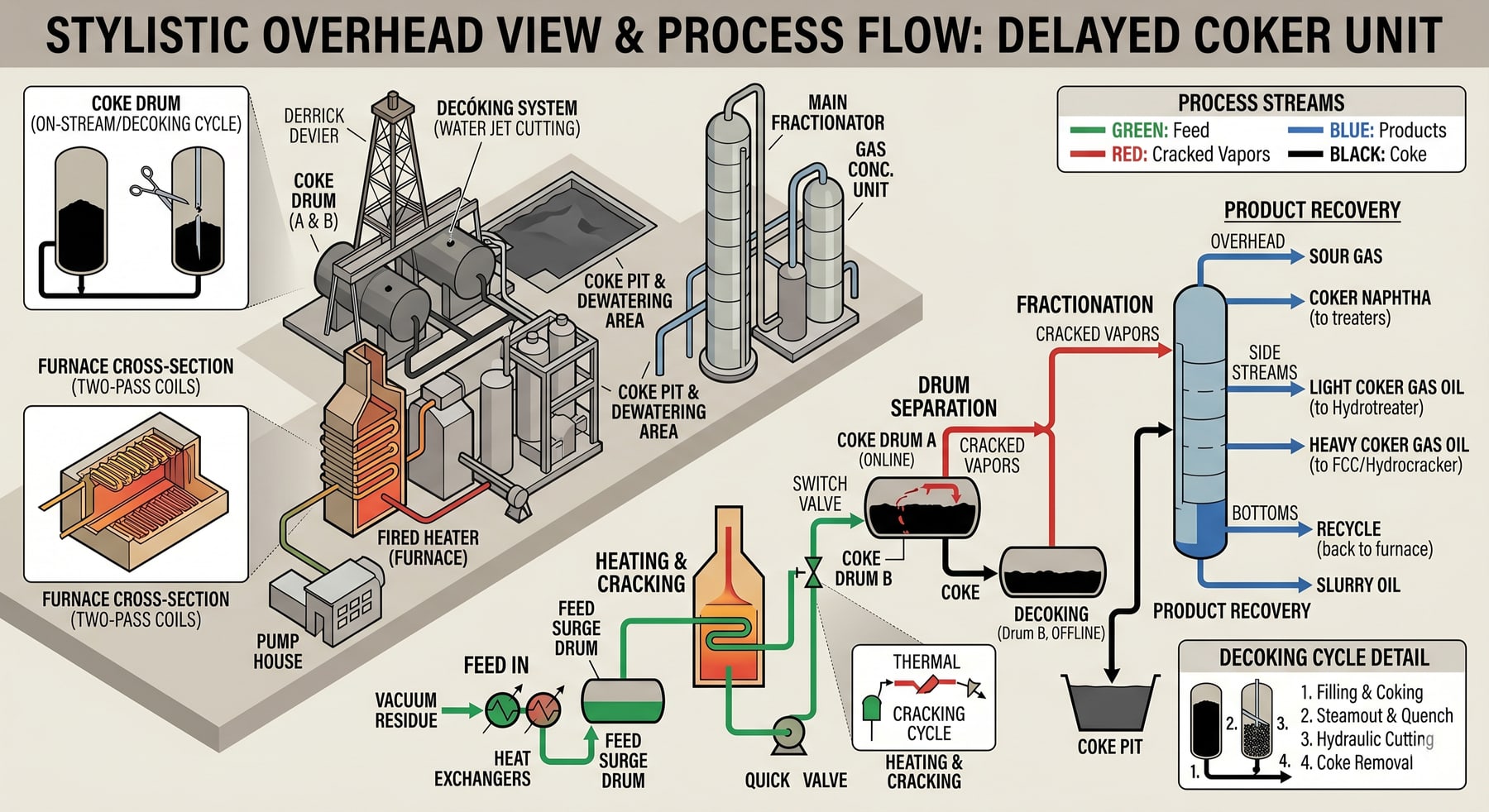Process flow diagram of a delayed coker showing twin coke drums, fired heater, fractionator, and the decoking cycle