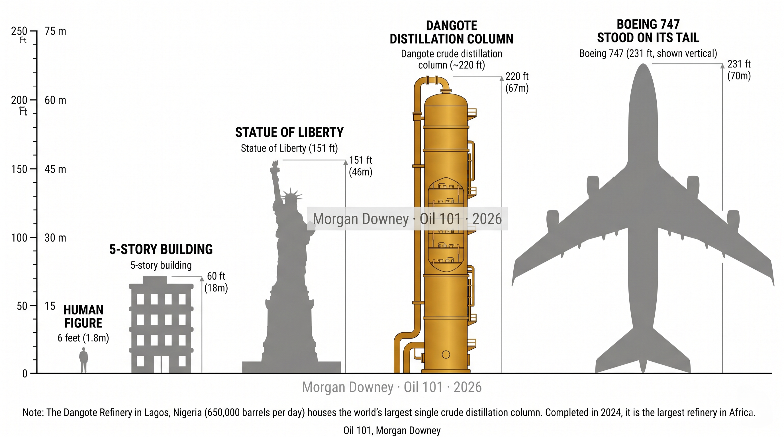Scale comparison showing the Dangote Refinery distillation column (220 ft) next to a human figure, 5-story building, the Statue of Liberty (151 ft), and a Boeing 747 stood on its tail (231 ft)