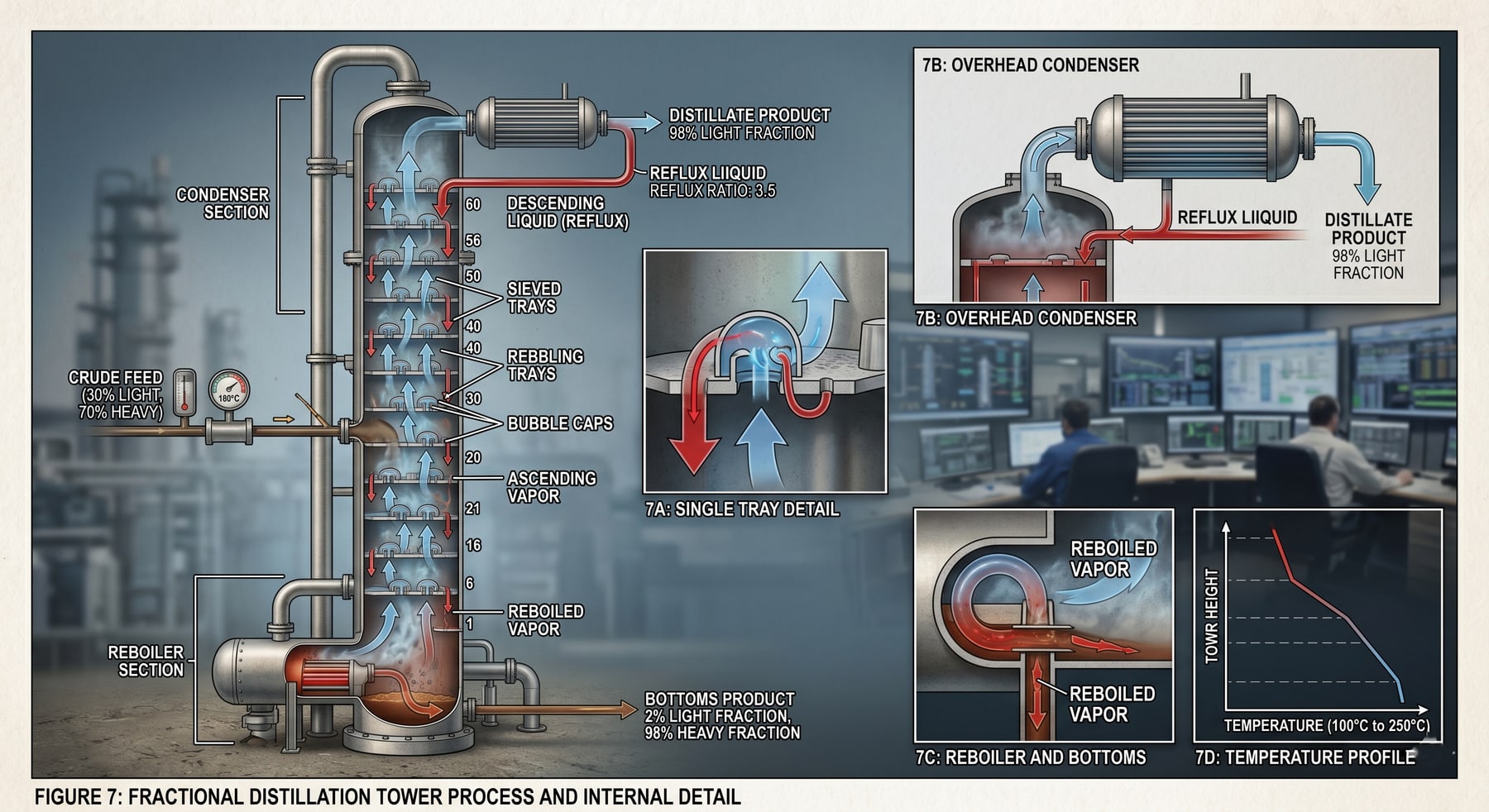 Engineering cutaway of a fractional distillation tower showing trays, bubble caps, ascending vapor and descending reflux liquid, the overhead condenser, and the reboiler