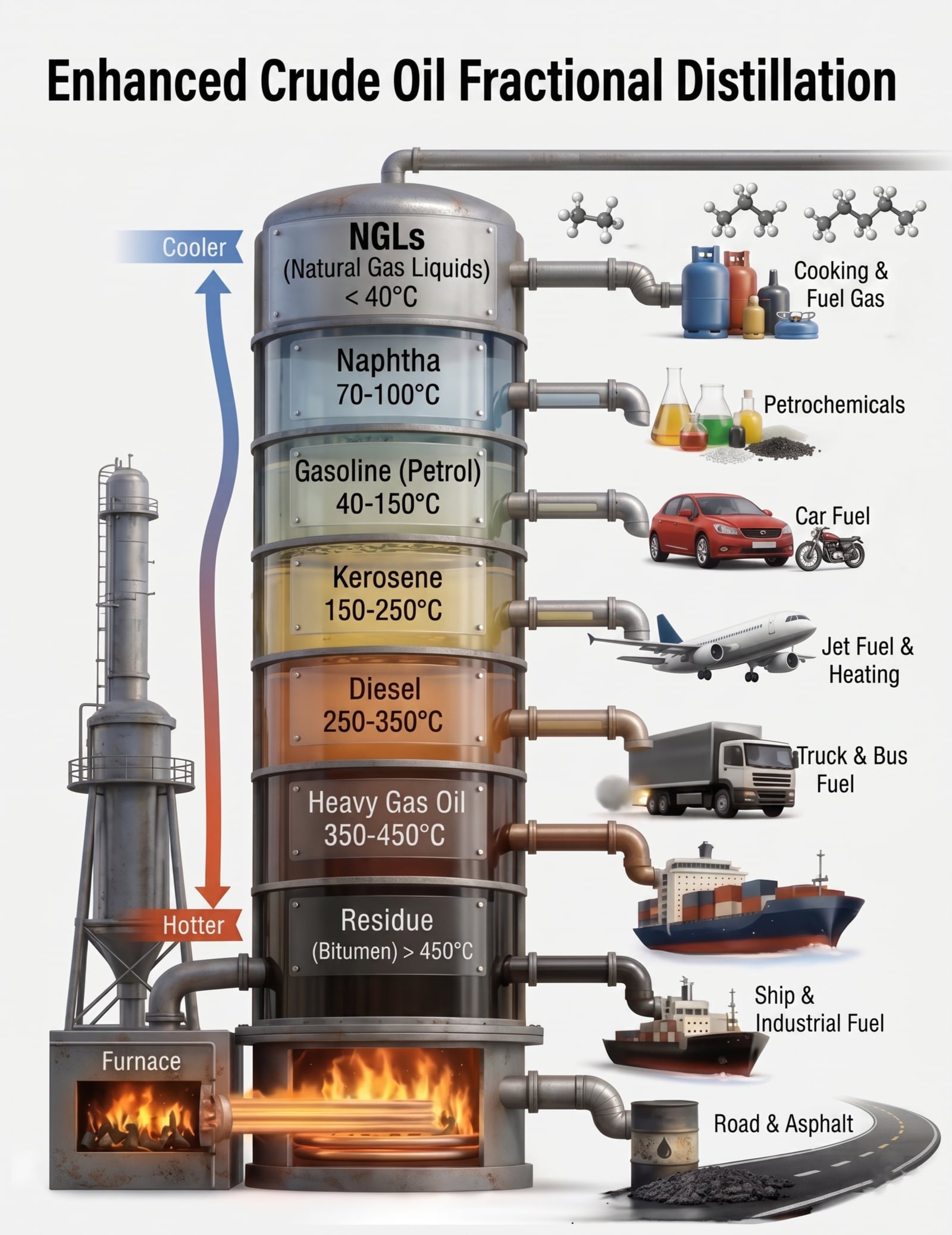 Cutaway of a crude oil distillation tower showing the seven product cuts and their consumer end uses