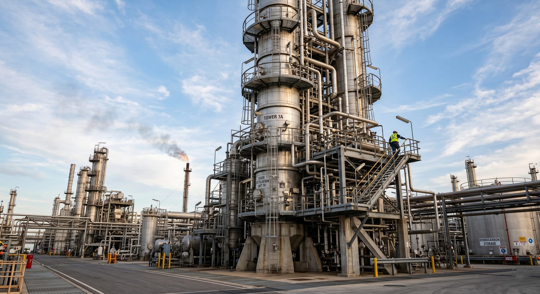 A crude oil distillation tower at a working refinery, with a worker on the access stairs and a flare stack burning in the background