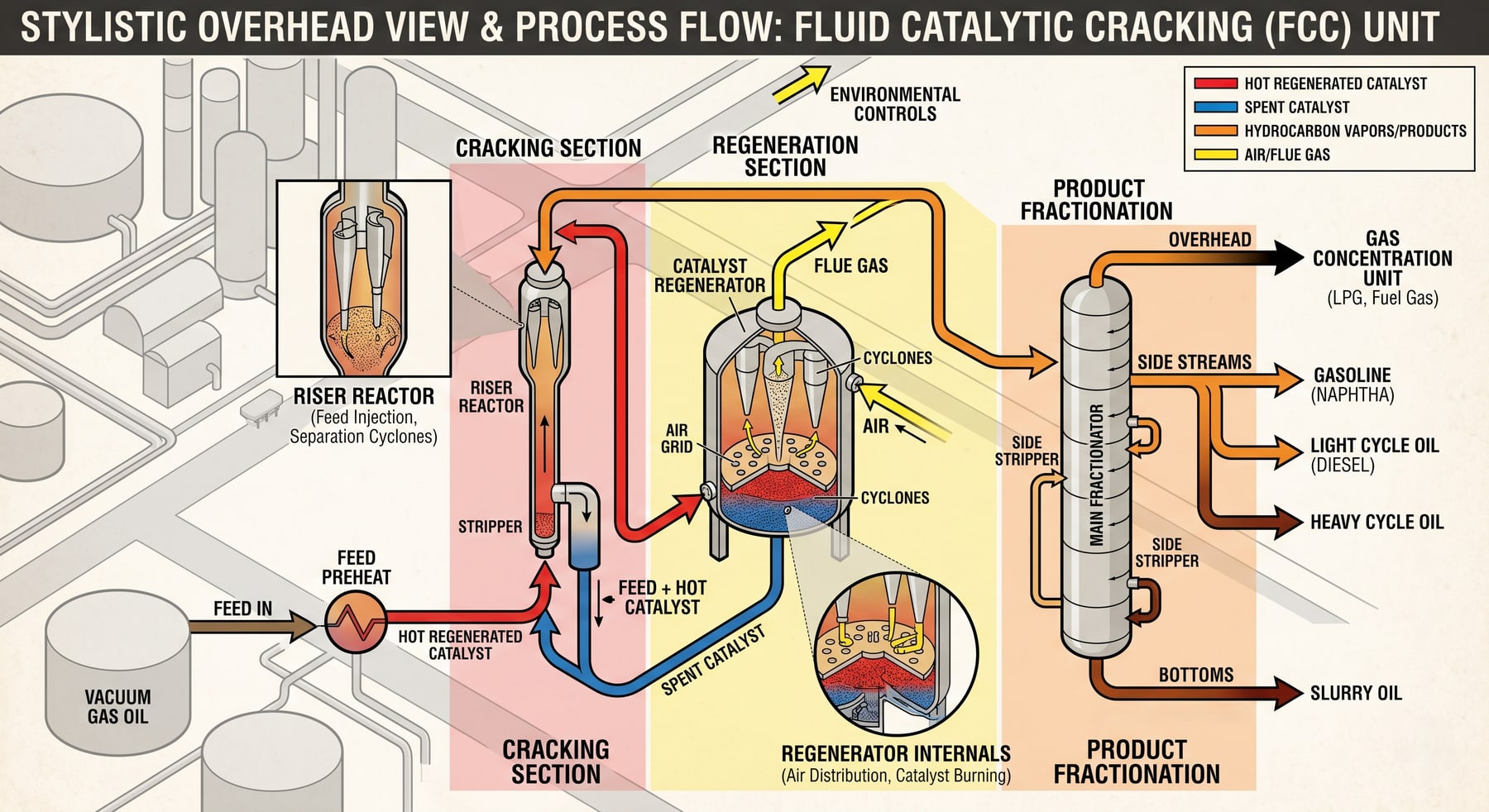 Process flow diagram of a fluid catalytic cracking unit showing the cracking section, regeneration section, and product fractionation