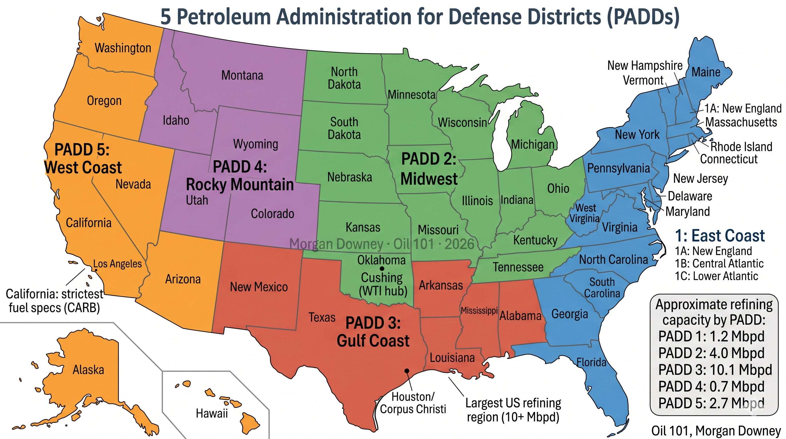 Map of the United States showing the 5 Petroleum Administration for Defense Districts (PADDs) color-coded by region, with refining capacity by PADD and key locations marked