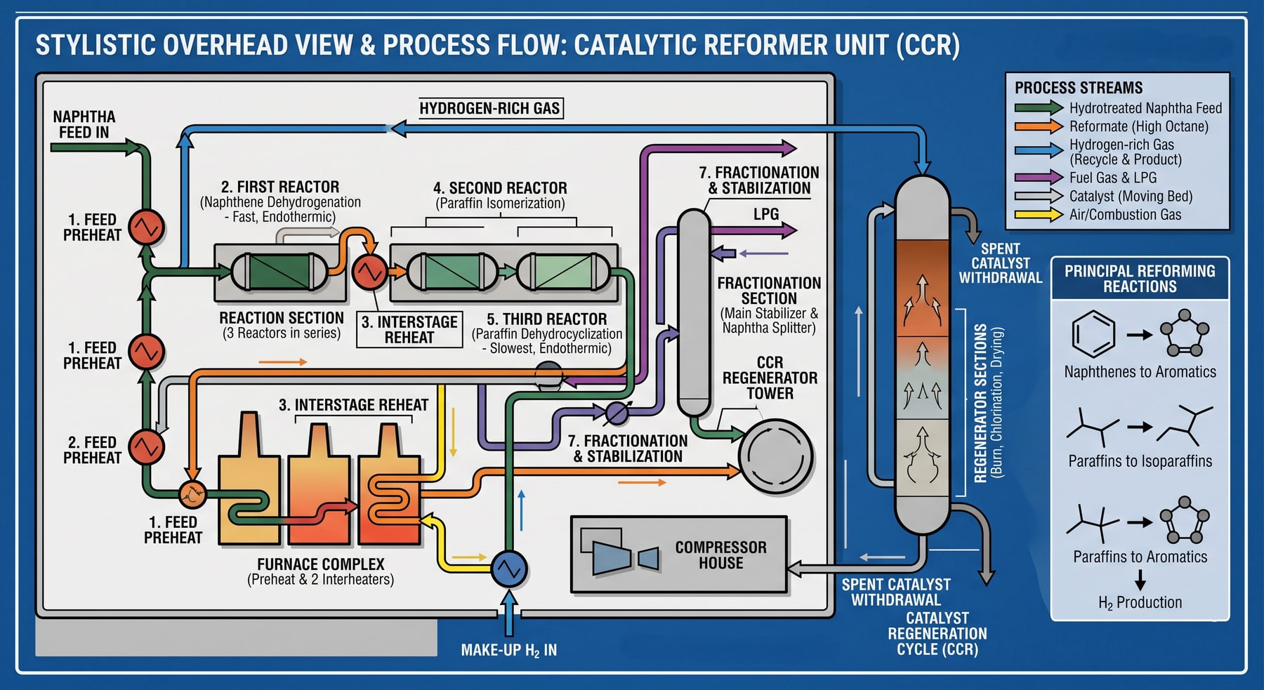 Process flow diagram of a continuous catalytic reformer (CCR) showing three reactors in series, interstage reheaters, the regenerator tower, and the principal reforming reactions