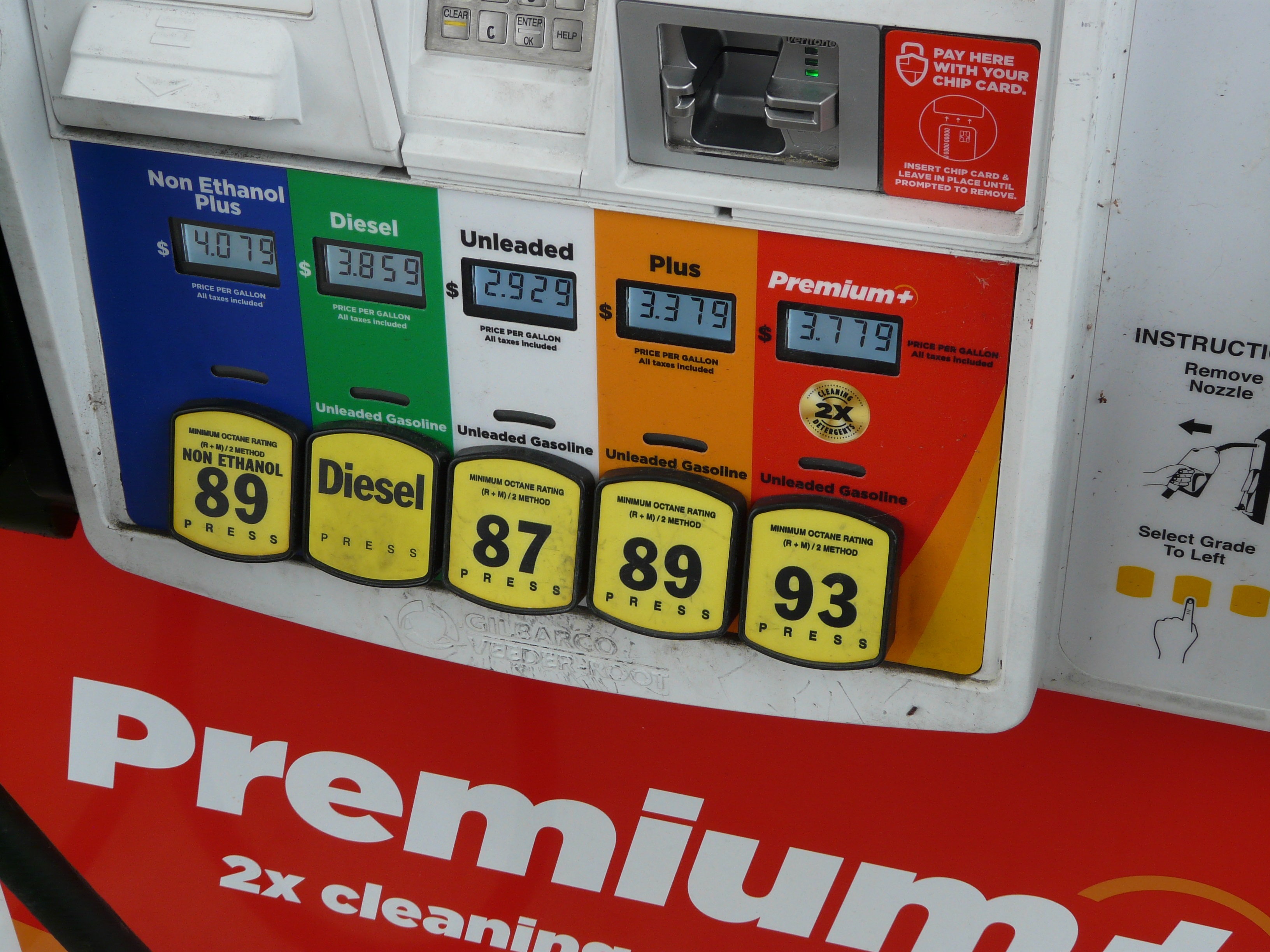 Fuel grade selection buttons on a gasoline pump at a Circle K station in Crawfordville, Florida, showing different octane grades