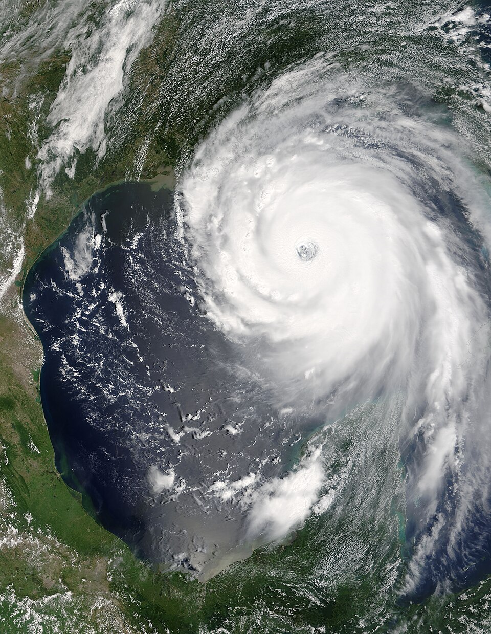 NASA MODIS satellite image of Hurricane Katrina over the Gulf of Mexico on August 28, 2005, one day before landfall