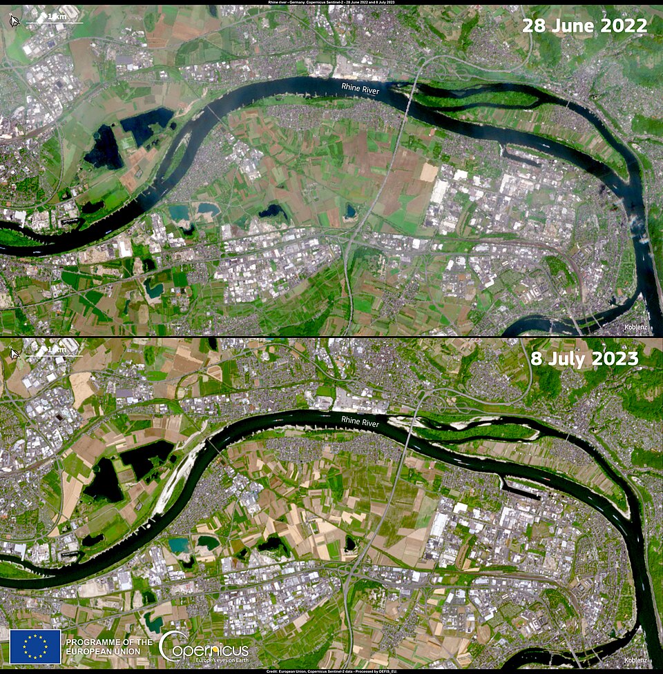 Rhine River at low water, 2022 drought