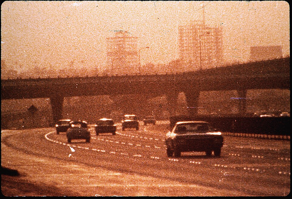 Low-hanging smog over a Los Angeles freeway, 1972