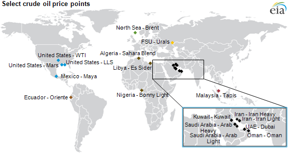 Global map of crude oil pricing points and benchmarks