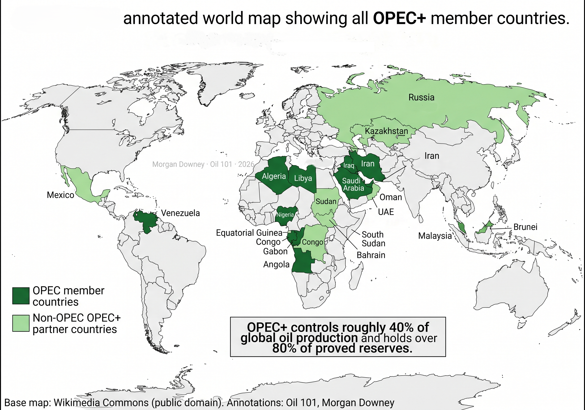 World map showing OPEC+ member countries color-coded: 13 OPEC members in dark green, 10 non-OPEC partners in light green, with top 5 producers labeled