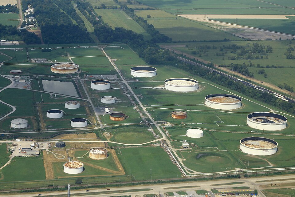 Aerial view of ExxonMobil petroleum storage tanks in West Baton Rouge Parish, Louisiana