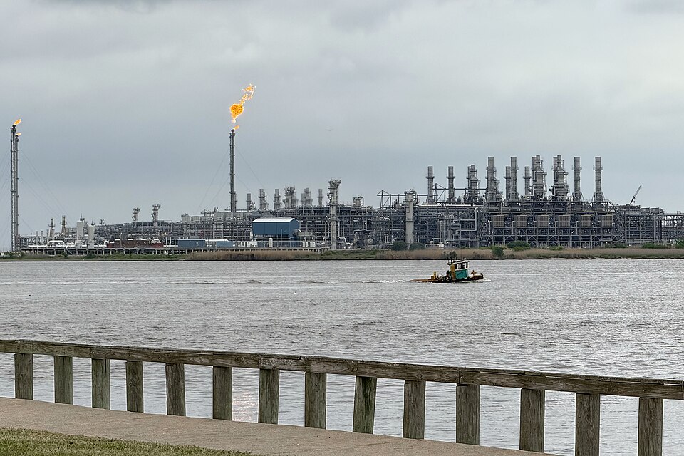 Aerial photograph of the Cheniere Sabine Pass LNG terminal in Cameron Parish, Louisiana, showing liquefaction trains and LNG storage tanks