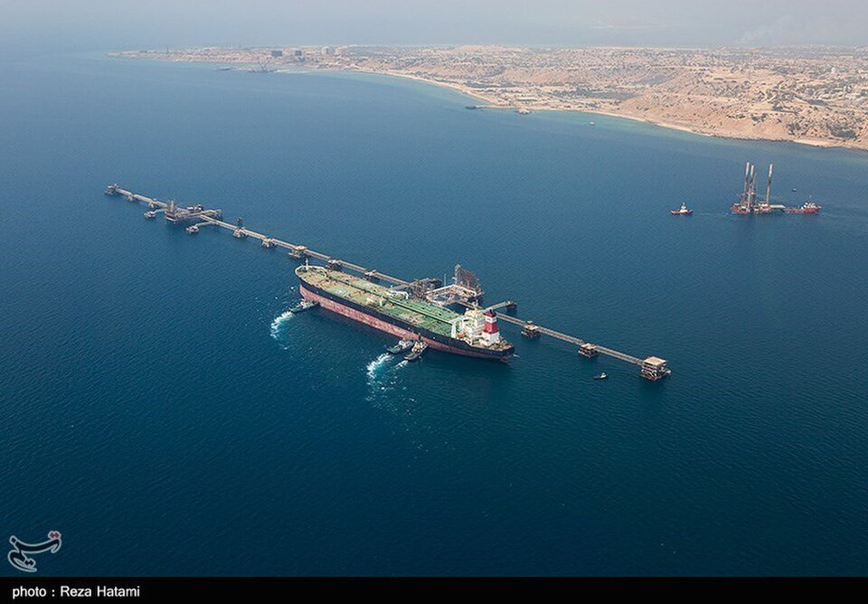 Aerial photograph of Kharg Island, Iran's primary crude oil export terminal in the northern Persian Gulf