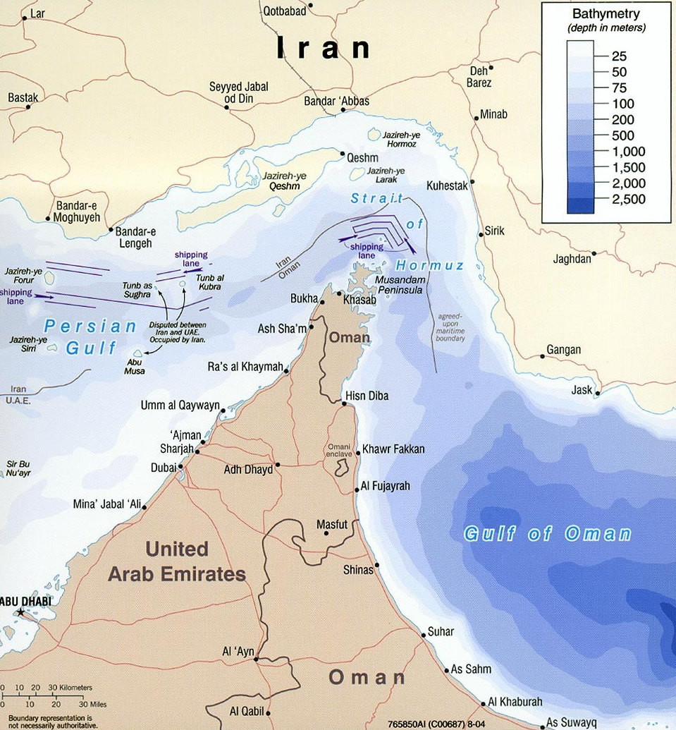 Map of the Strait of Hormuz showing shipping lanes, Iran to the north, Oman and UAE to the south